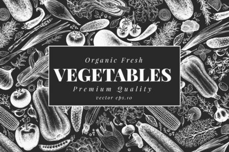 Hand drawn vegetables design template. Vector veggie illustrations on chalk board. Retro food backgroundのイラスト素材