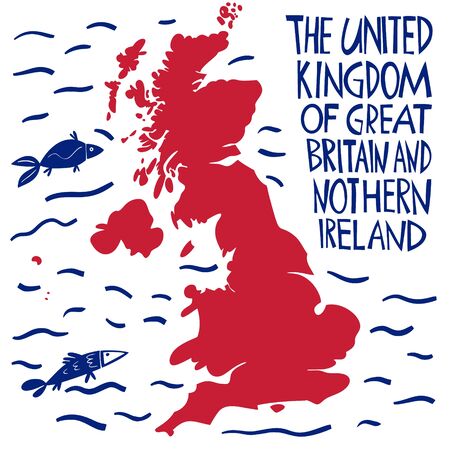 Vector hand drawn stylized map of the United Kingdom. Travel illustration of Great Britain shape. Hand drawn lettering illustration. Europe map elementのイラスト素材