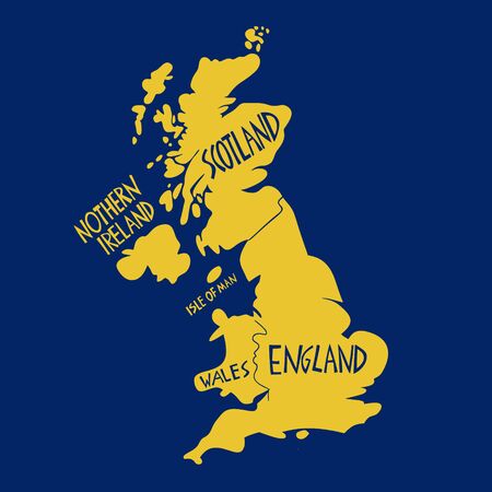 Vector hand drawn stylized map of the United Kingdom. Travel illustration of Great Britain regions. Hand drawn lettering illustration. Europe map elementのイラスト素材