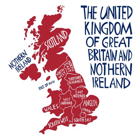 Vector hand drawn stylized map of the United Kingdom. Travel illustration of Great Britain regions. Hand drawn lettering illustration. Europe map elementのイラスト素材