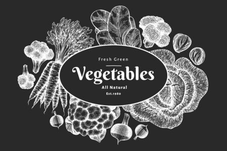 Hand drawn sketch vegetables design. Organic fresh food vector banner template. Vintage vegetable background. Engraved style botanical illustrations on chalk board.のイラスト素材