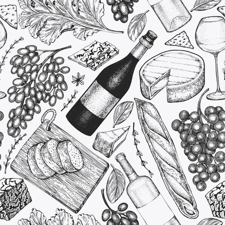 French food illustration seamless pattern. Hand drawn vector picnic meal illustrations. Engraved style different snack and wine design. Retro food background.のイラスト素材