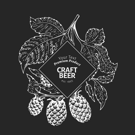Hand drawn beer design template. Vector brewery illustrations on chalk board. Vintage hop backgroundのイラスト素材