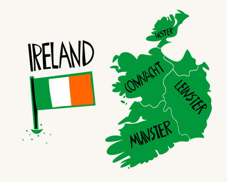Vector hand drawn stylized map of Ireland. Travel illustration of Republic of Ireland regions. Hand drawn lettering illustration. Europe map elementのイラスト素材