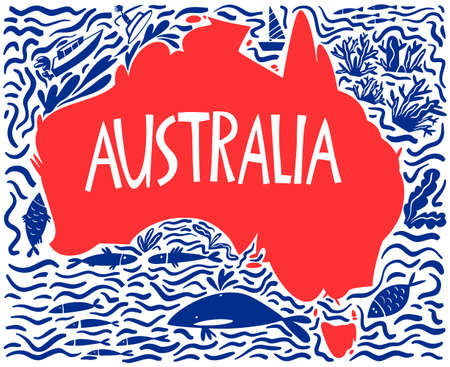 Vector hand drawn stylized map of Australia. Travel illustration of Commonwealth of Australia and waters. Hand drawn lettering illustration. South lands map elementのイラスト素材