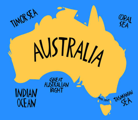Vector hand drawn stylized map of Australia. Travel illustration of Commonwealth of Australia and waters. Hand drawn lettering illustration. South lands map elementのイラスト素材