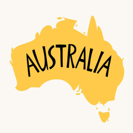 Vector hand drawn stylized map of Australia. Travel illustration of Commonwealth of Australia shape. Hand drawn lettering illustration. South lands map elementのイラスト素材