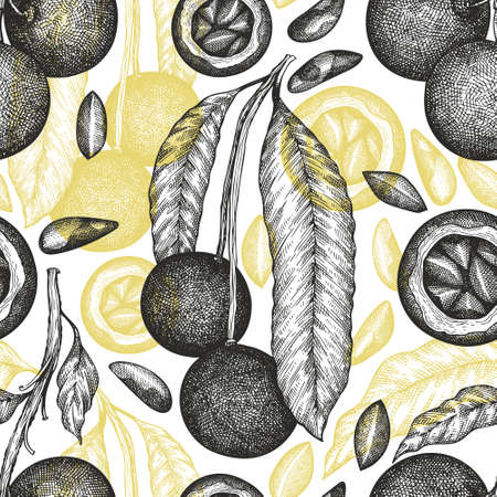 Hand drawn brazilian nut branch and kernels seamless pattern. Organic food vector illustration on white background. Vintage nut illustration. Engraved style botanical background.のイラスト素材