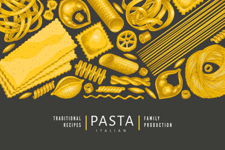 Italian pasta design template. Hand drawn  food illustration on dark background. Vintage pasta different kinds background.のイラスト素材