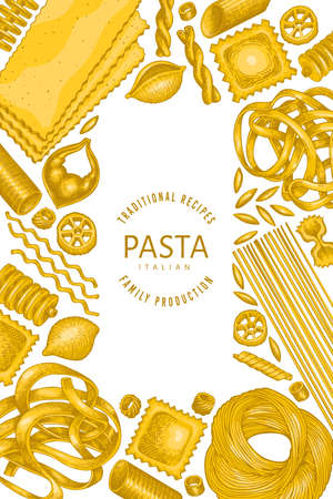 Italian pasta design template. Hand drawn  food illustration. Vintage pasta different kinds background.のイラスト素材