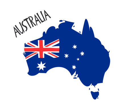 Vector hand drawn stylized map of Australia with flag. Travel illustration of Commonwealth of Australia shape. South map elementのイラスト素材