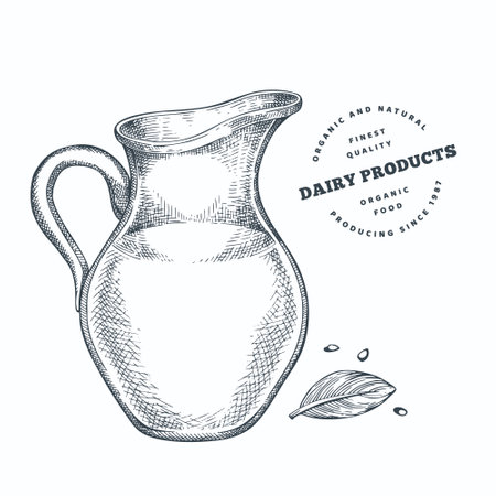 Hand drawn sketch style milk glass jug. Organic fresh food vector illustration isolated on white background. Retro dairy product illustration. Engraved style rustic picture.のイラスト素材