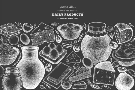 Farm food design template. Hand drawn vector dairy illustration on chalk board. Engraved style different milk products and eggs banner. Retro food background.のイラスト素材