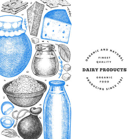 Farm food design template. Hand drawn vector dairy illustration. Engraved style different milk products and eggs banner. Retro food background.のイラスト素材