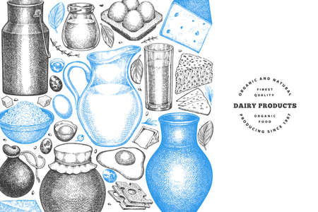 Farm food design template. Hand drawn vector dairy illustration. Engraved style different milk products and eggs banner. Retro food background.のイラスト素材