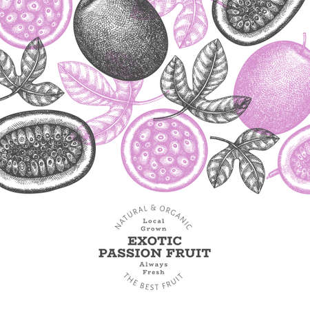 Hand drawn sketch style passion fruit banner. Organic fresh fruit vector illustration. Retro exotic fruit design templateのイラスト素材