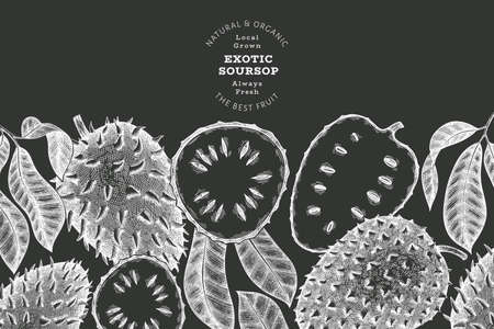 Hand drawn sketch style soursop fruit banner. Organic fresh fruit vector illustration on chalk board. Retro guanabana design templateのイラスト素材