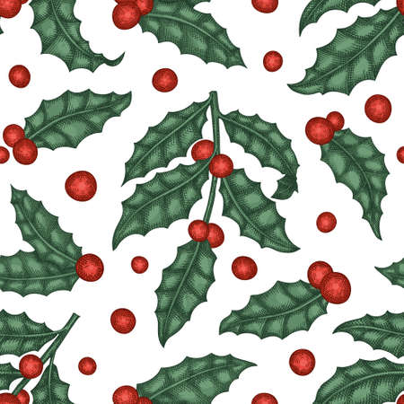 Christmas hand drawn vector seamless pattern. Vintage style botanical illustration. Winter plants xmas background.のイラスト素材