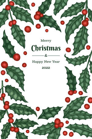 Christmas hand drawn vector greeting card design template. Vintage style botanical illustration. Winter plants xmas banner.のイラスト素材
