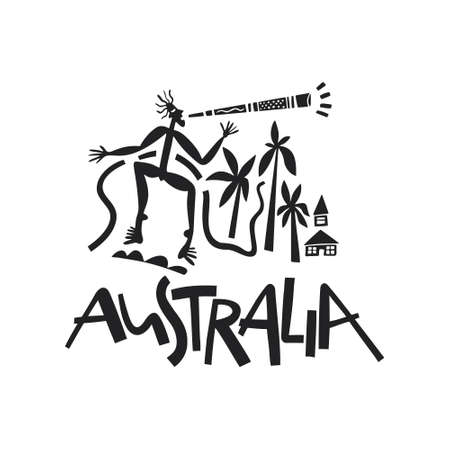 Vector hand drawn stylized map of Australia. Travel illustration of Commonwealth of Australia shape. Hand drawn lettering illustration. South lands map elementのイラスト素材