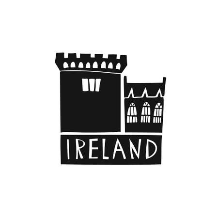 Vector hand drawn Ireland logo. Travel illustration of Republic of Ireland shape. Hand drawn lettering illustration. Irish culture elementのイラスト素材