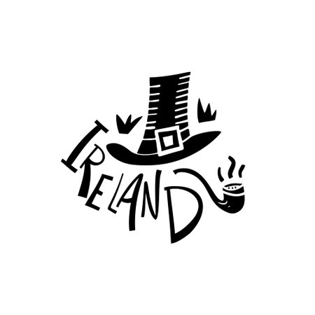 Vector hand drawn Ireland logo. Travel illustration of Republic of Ireland shape. Hand drawn lettering illustration. Irish culture elementのイラスト素材