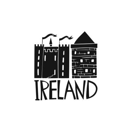 Vector hand drawn Ireland logo. Travel illustration of Republic of Ireland shape. Hand drawn lettering illustration. Irish culture elementのイラスト素材