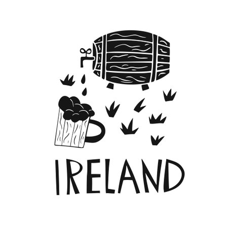 Vector hand drawn Ireland logo. Travel illustration of Republic of Ireland shape. Hand drawn lettering illustration. Irish culture elementのイラスト素材