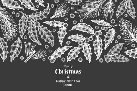 Christmas hand drawn vector greeting card design template. Vintage style botanical illustration on chalk board. Winter plants xmas banner.のイラスト素材