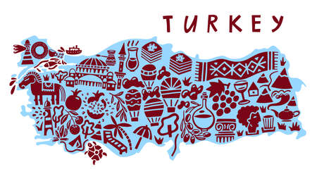 Vector hand drawn stylized map of Turkey landmarks. Turkey Republic travel illustration. Geography illustration. Mediterranean map elementのイラスト素材