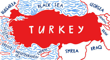 Vector hand drawn stylized map of Turkey with neighboring countries. Turkey Republic travel illustration. Geography illustration. Mediterranean map elementのイラスト素材