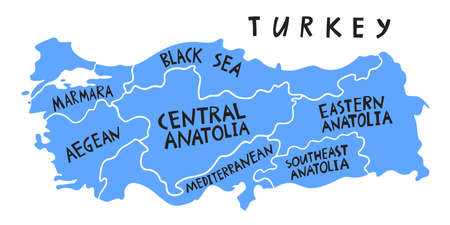 Vector hand drawn stylized map of Turkey provinces. Turkey Republic travel illustration. Geography illustration. Mediterranean map elementのイラスト素材