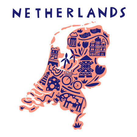 Vector hand drawn stylized map of Netherlands landmarks. Netherlands Kingdom travel illustration. Geography illustration. European map elementのイラスト素材