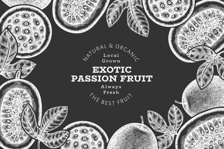 Hand drawn sketch style passion fruit banner. Organic fresh fruit vector illustration on chalk board. Retro exotic maracuya design templateのイラスト素材