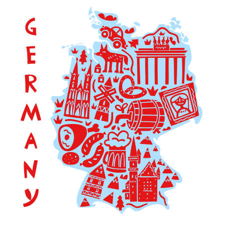 Vector hand drawn stylized map of German landmarks. Travel illustration. Federal Republic of Germany geography illustration. Europe map elementのイラスト素材