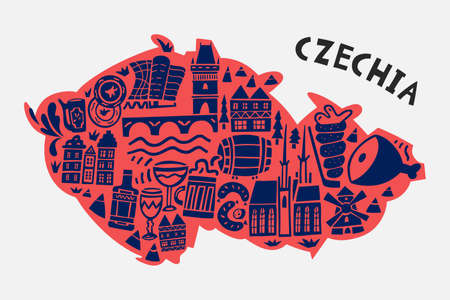 Vector hand drawn stylized map of Czechia landmarks. Travel illustration. Czech Republic geography illustration. Europe map elementのイラスト素材