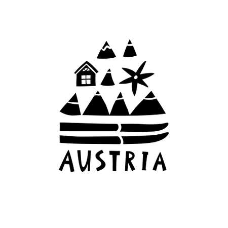 Vector hand drawn Austria symbol. Travel illustration of Austrian signs. Hand drawn lettering illustration. Alps landmark logoのイラスト素材