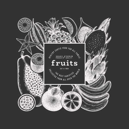 Tropical Fruit Design Template. Vector Hand Drawn Exotic Fruit Chalk Board illustration. Vintage Style Menu Illustration.のイラスト素材