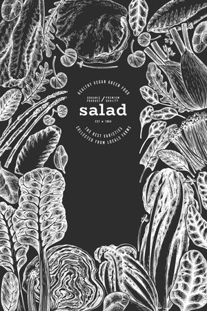 Green Vegetable Design Template. Vector Hand Drawn Healthy Leaf Salad Banner. Vintage Style Menu IllustrationOn Chalk Board.のイラスト素材