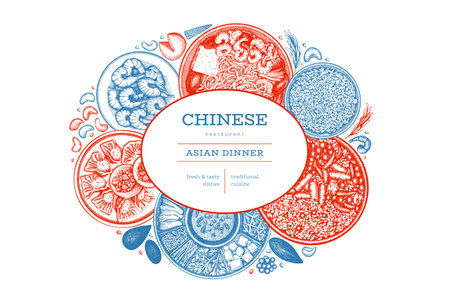 Chinese Cuisine Design Template. Vector Hand Drawn Asian Food Banner. Vintage Style Menu Illustration.のイラスト素材