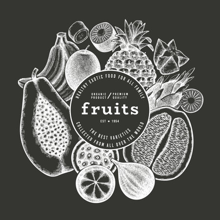 Tropical Fruit Design Template. Vector Hand Drawn Exotic Fruit Chalk Board illustration. Vintage Style Menu Illustration.のイラスト素材