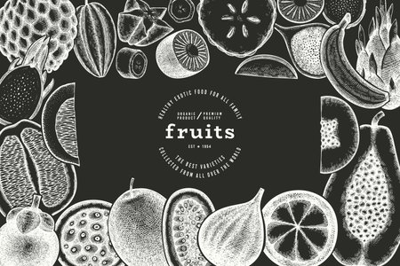 Tropical Fruit Design Template. Vector Hand Drawn Exotic Fruit Chalk Board illustration. Vintage Style Menu Illustration.のイラスト素材