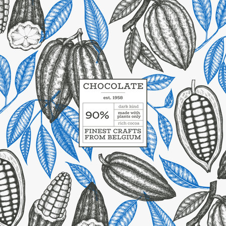 Cocoa design template. Chocolate cocoa beans background. Vector hand drawn illustration. Vintage style illustration.のイラスト素材
