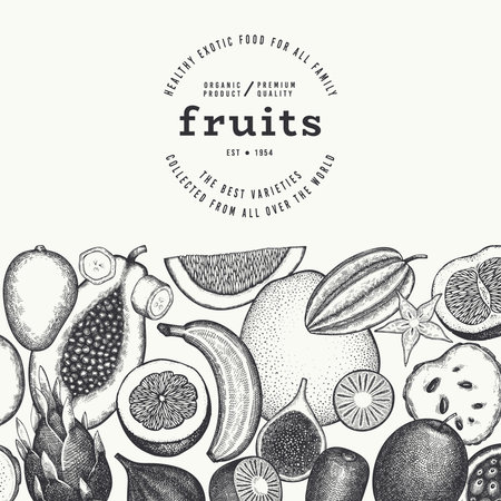 Tropical Fruit Design Template. Vector Hand Drawn Exotic Fruit Banner. Vintage Style Menu Illustration.のイラスト素材