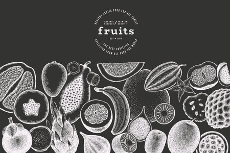 Tropical Fruit Design Template. Vector Hand Drawn Exotic Fruit Chalk Board illustration. Vintage Style Menu Illustration.のイラスト素材