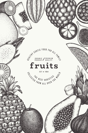Tropical Fruit Design Template. Vector Hand Drawn Exotic Fruit Banner. Vintage Style Menu Illustration.のイラスト素材