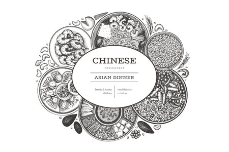 Chinese Cuisine Design Template. Vector Hand Drawn Asian Food Banner. Vintage Style Menu Illustration.のイラスト素材