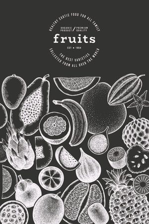 Tropical Fruit Design Template. Vector Hand Drawn Exotic Fruit Chalk Board illustration. Vintage Style Menu Illustration.のイラスト素材
