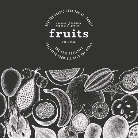 Tropical Fruit Design Template. Vector Hand Drawn Exotic Fruit Chalk Board illustration. Vintage Style Menu Illustration.のイラスト素材