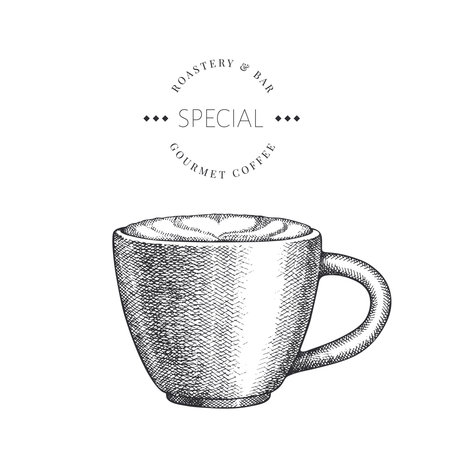Coffee Cup Illustration. Vector Hand Drawn Isolated Cappuccino Mug. Vintage Style Beverageのイラスト素材